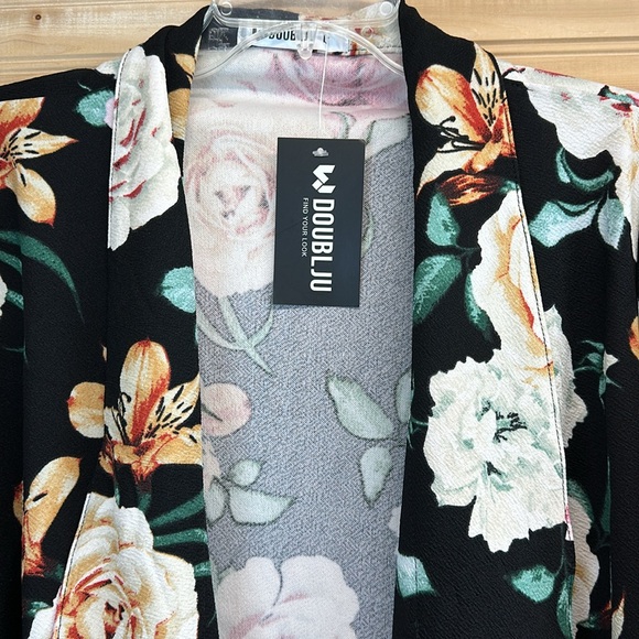 Doubl JU Draped Open Front Blazer Jacket NWT Size Large Black and Floral - Picture 4 of 8